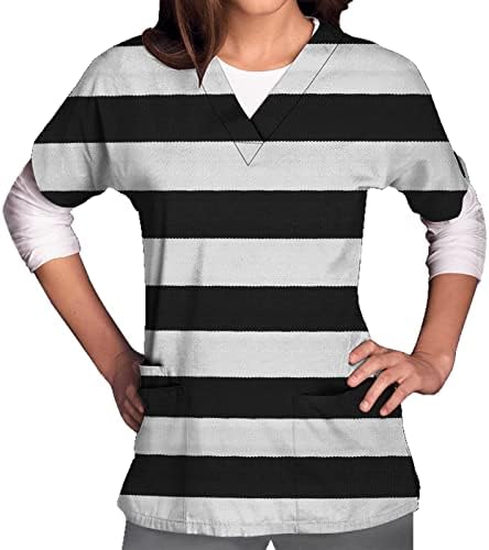 Nokmopo majice za žene plus modni ispis s kratkim rukavima V-izrez vrhovi radna džepna bluza Osnovni pulover vrhovi