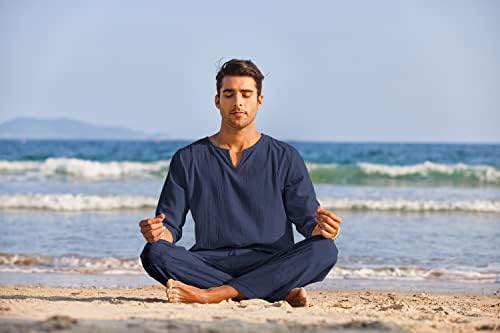 Coofandy muški 2 komada pamučna posteljina set Henley košulja dugi rukavi i casual plaže hlače ljetne joge odjeće