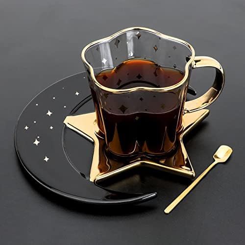 Staklena šalica za kavu od 8,1 oz / 240 ml i keramički tanjurić u obliku zvijezde i Mjeseca sa setom žlica staklena šalica sa zlatnom