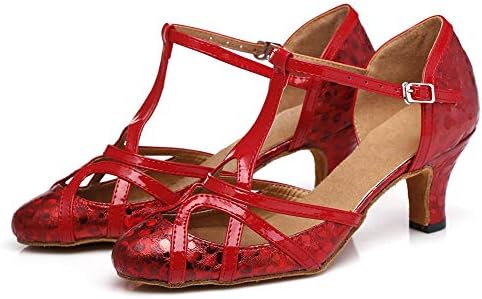 Ženska t-remena svjetlucava salsa tango balska latino vjenčana plesna cipela niska potpetica 6 cm, crvena, manekenka 2040, 7 b nas